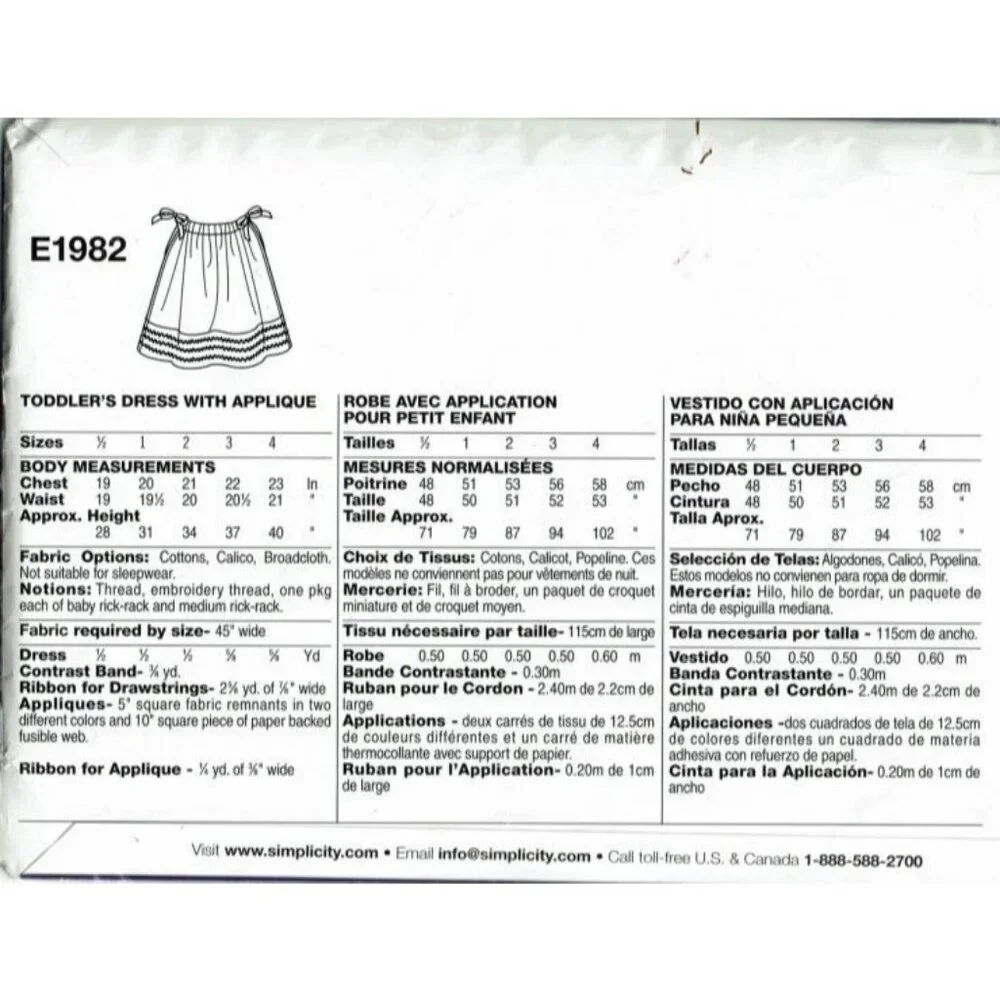 Simplicity E1982 Toddlers Dress Sewing Pattern Applique Design Size A (1/2-4)‎